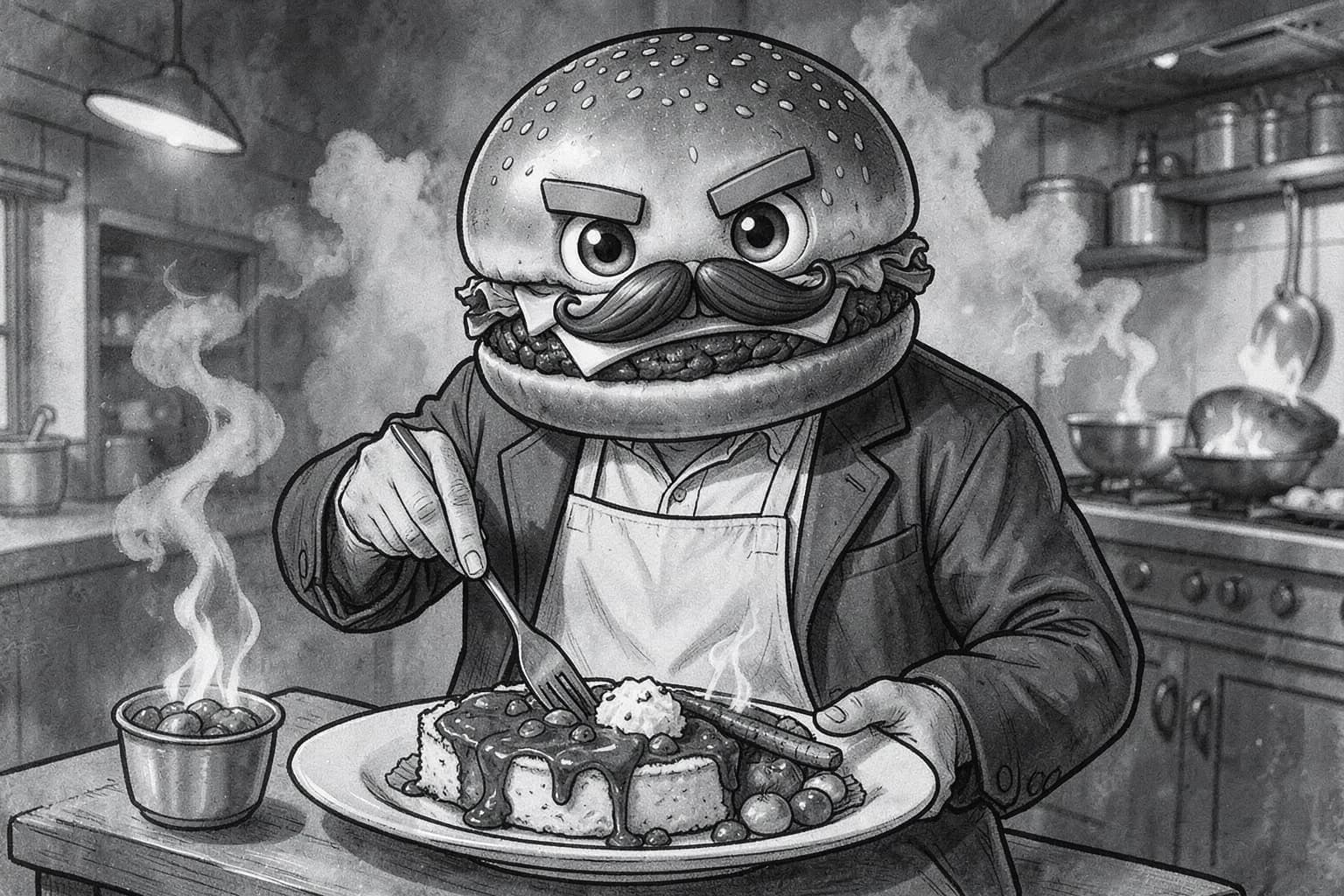 Black-and-white illustration of Tommy in an apron presenting a sauce-covered slice of cheesecake with fruit and garnish in a smoky kitchen.