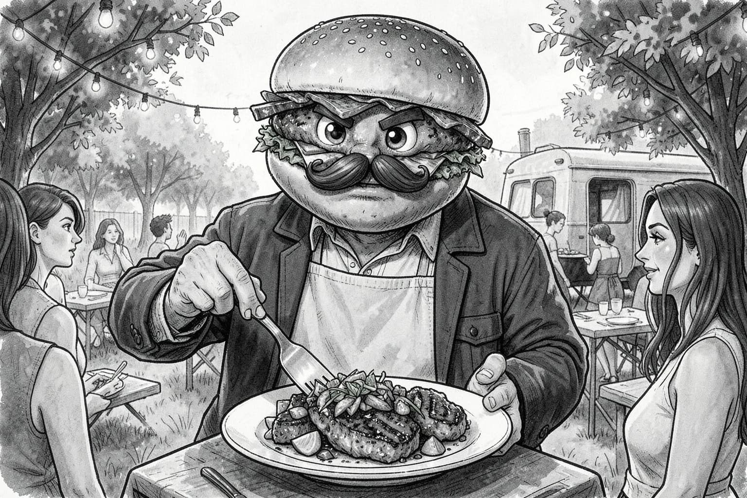 Black-and-white illustration of Tommy in an apron serving grilled pork chops at an outdoor dining area with string lights and seated diners.