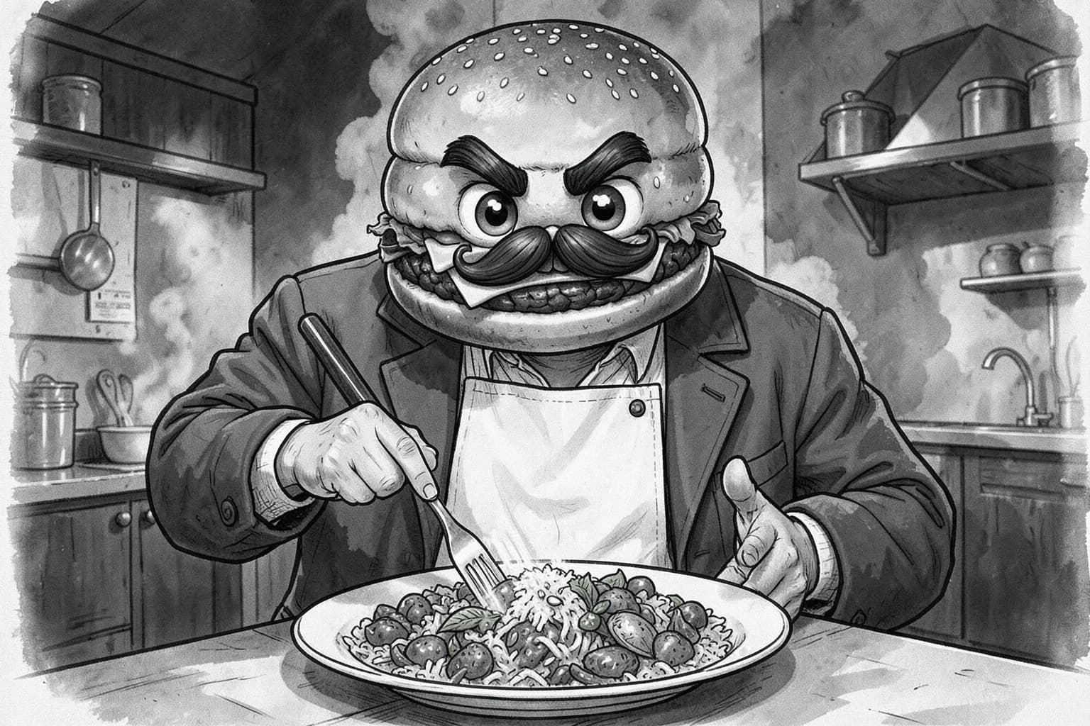 Black-and-white illustration of Tommy in an apron holding a fork over a wide platter of paella in a smoky restaurant kitchen.