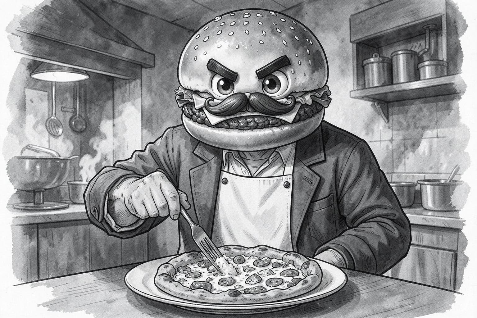 Black-and-white illustration of Tommy in an apron holding a fork over a Margherita pizza in a steaming kitchen.