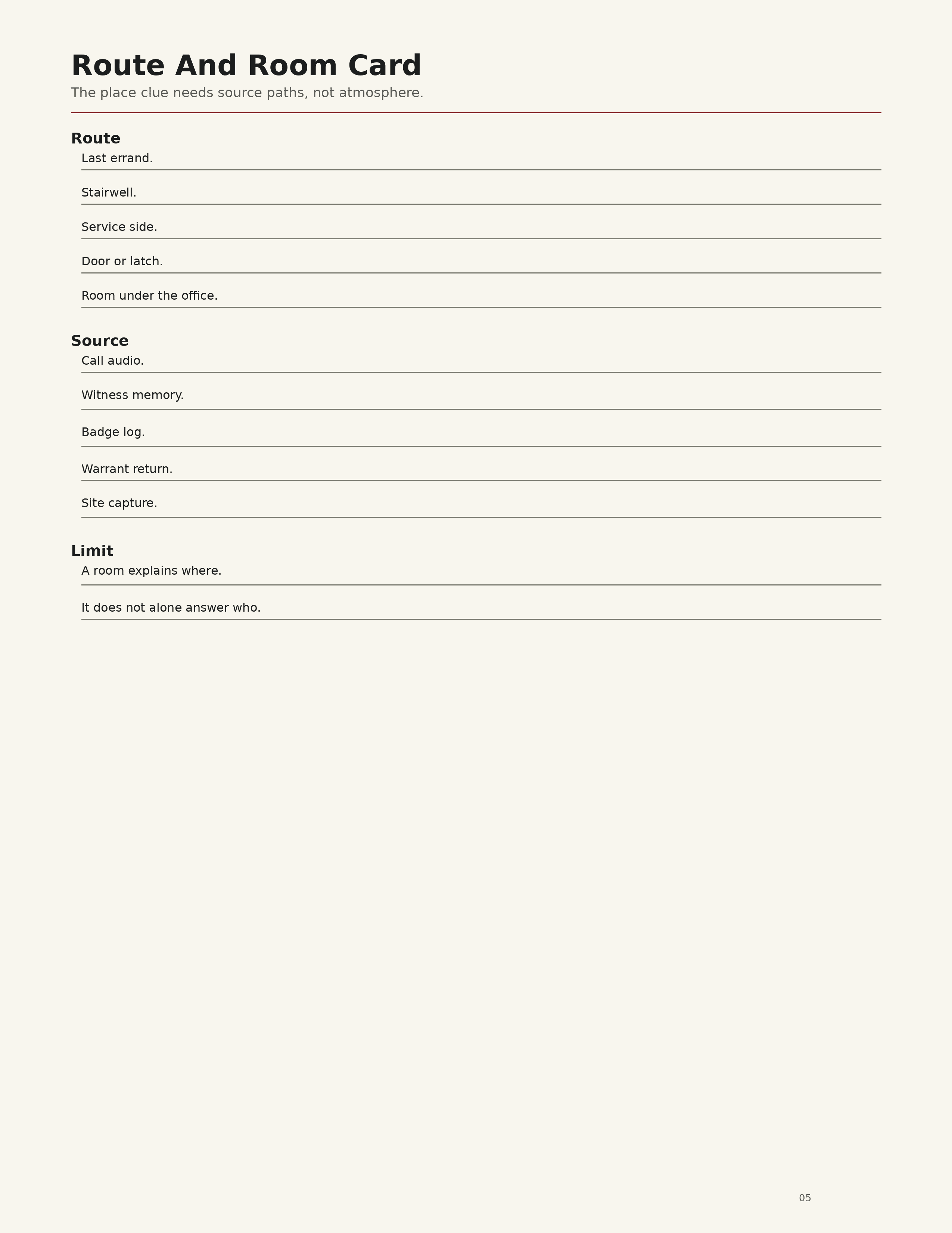 Route And Room Card worksheet