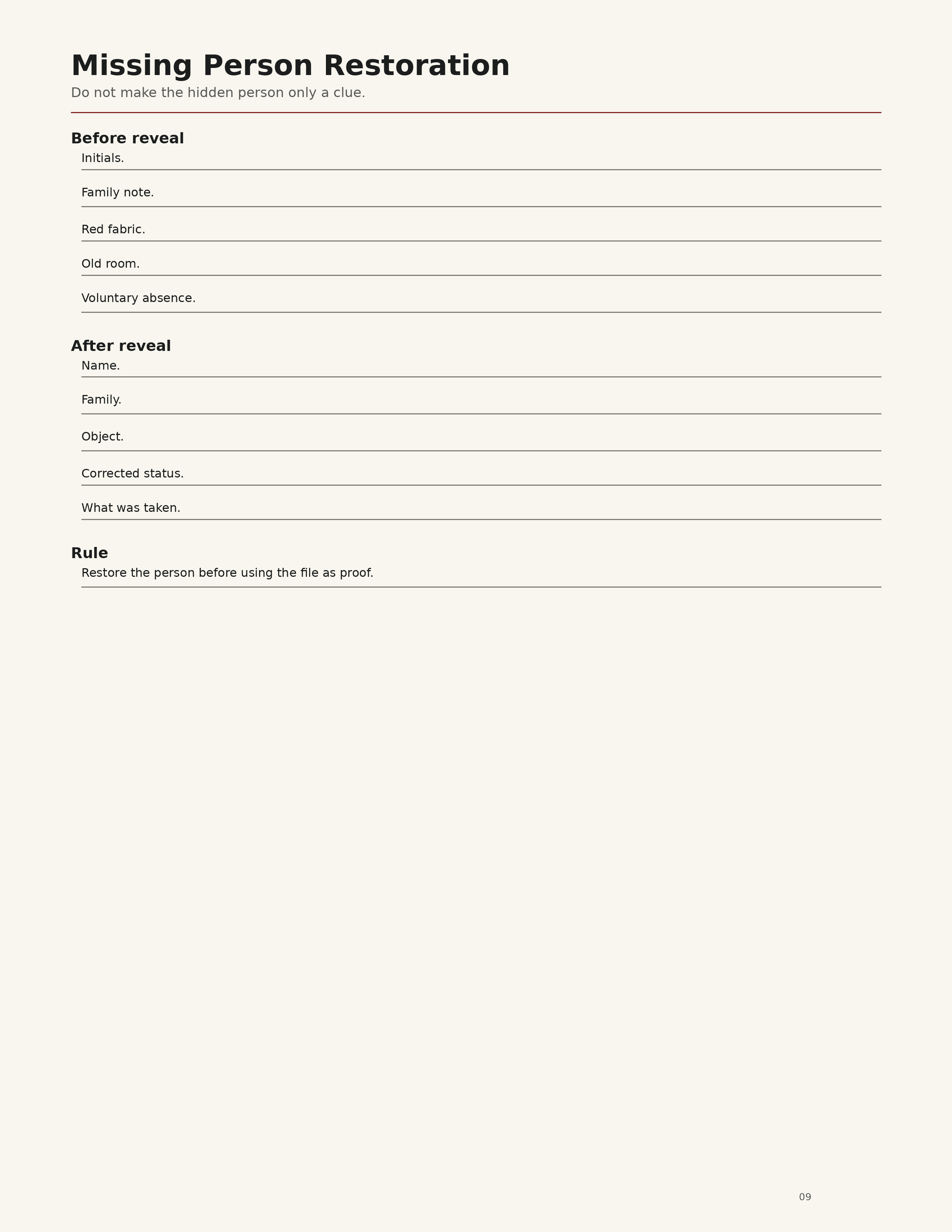 Missing Person Restoration worksheet