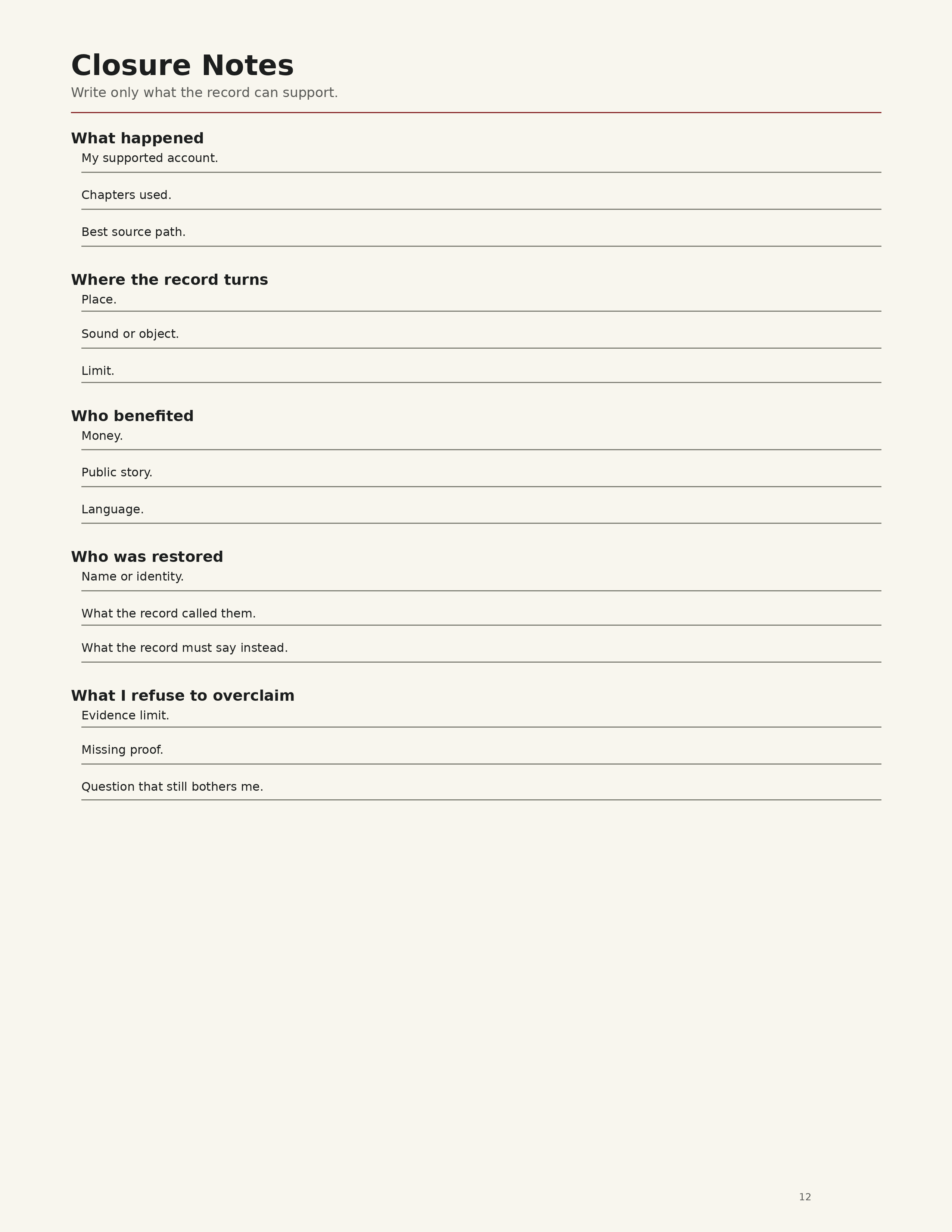 Closure Notes worksheet